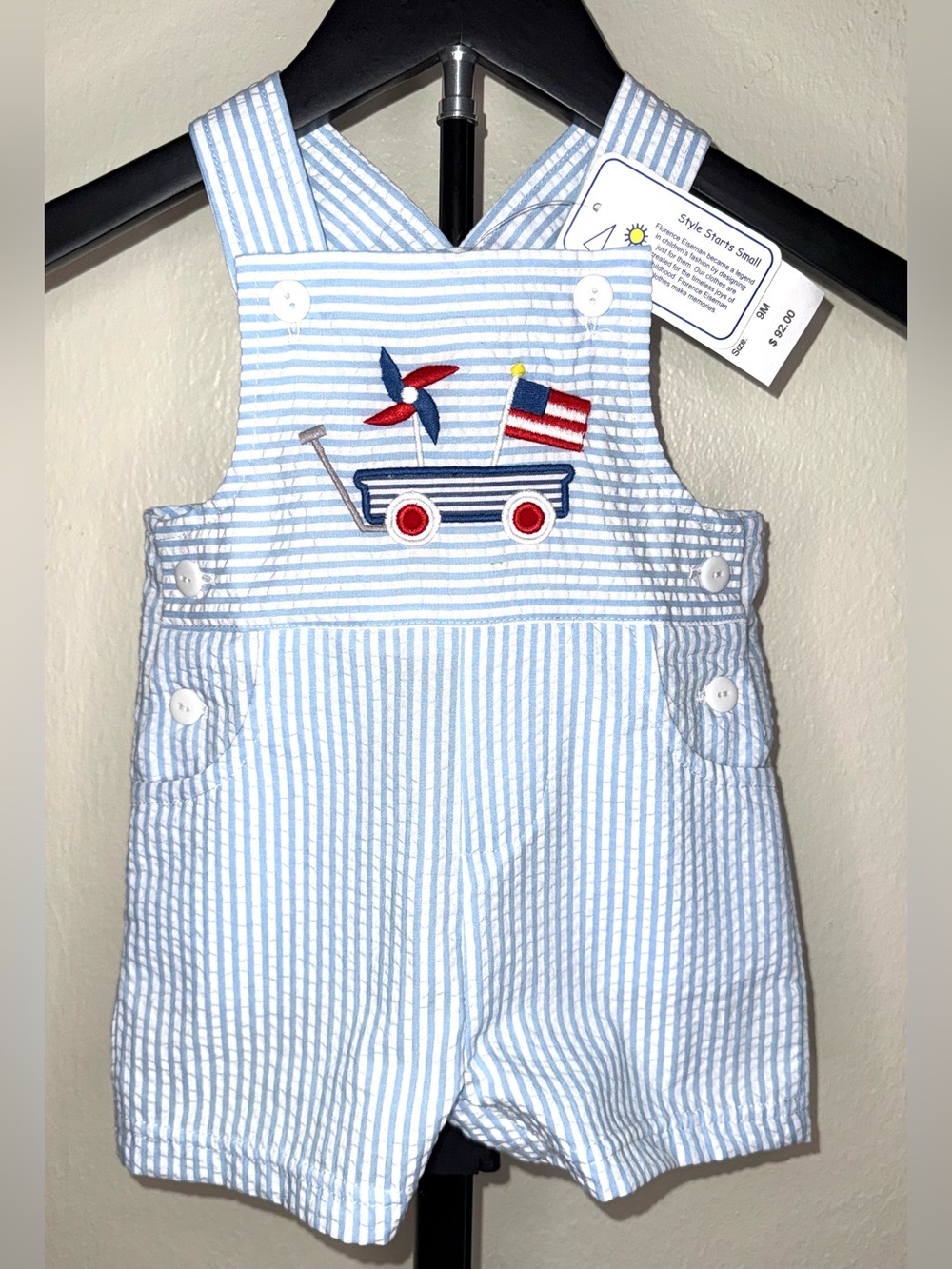 Florence Eiseman Baby Boy Blue & White Seersucker Shortall, size 9mo, NWT